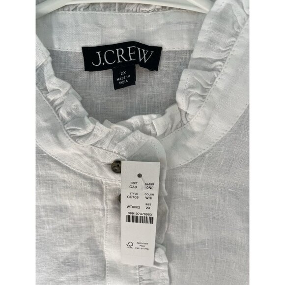 J. Crew White Ruffle Trim Button Up Shirt In 100 % Linen Size 2X New Collared - Picture 3 of 6